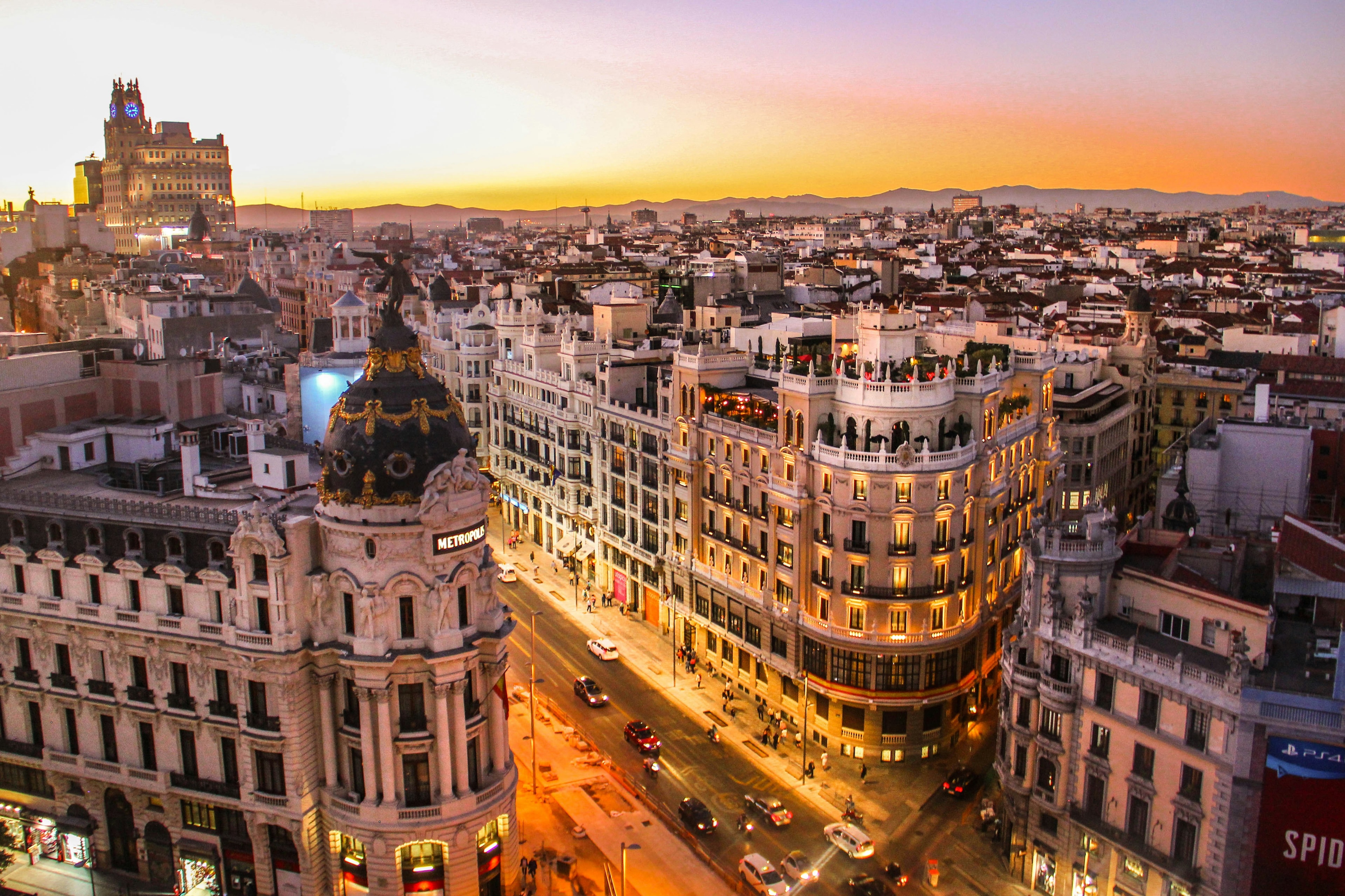 Madrid skyline with the iconic Gran Via and historic architecture at dusk